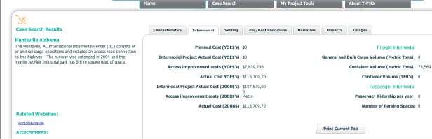 Figure 6: Case Search results - Characteristics The second tab of the Project Case is Intermodal.