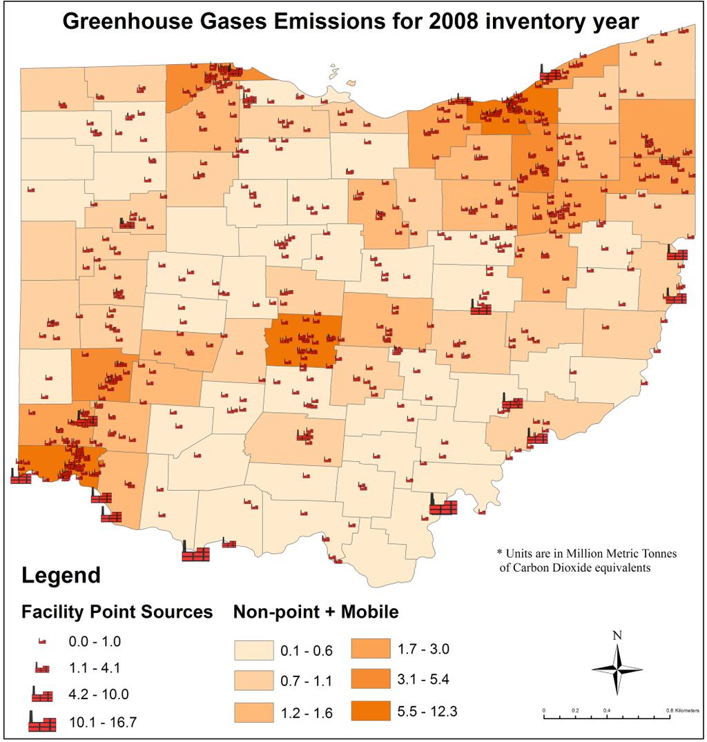 Figure 2: Ohio map with geocoded point sources and combined county emissions from nonpoint and mobile sources SUMMARY Table 1 shows the comparison of our estimates against state total CO 2 emissions