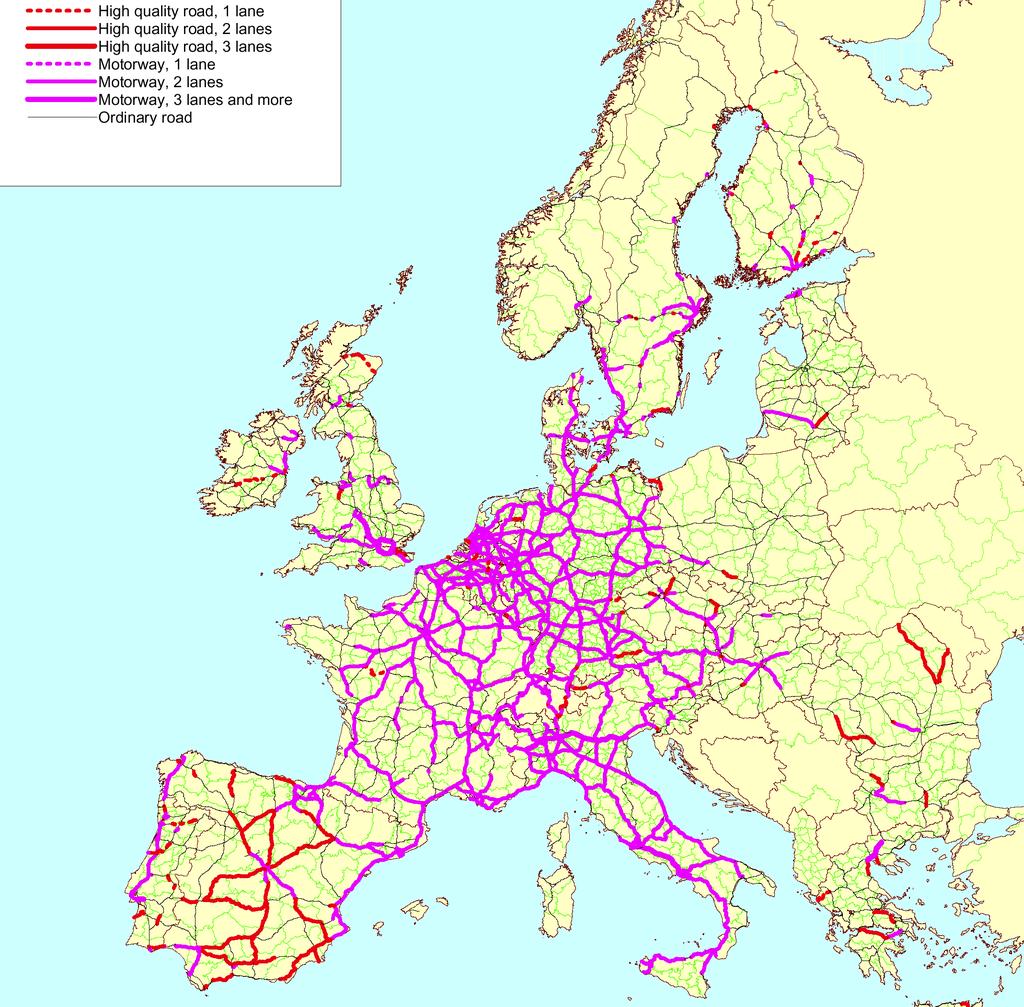TEN Invest Final Report page 31 Map 3-1: TEN-T road network 1996 according to link types Within Member States, between 1996 and 2001 significant network extension was realised in United Kingdom,