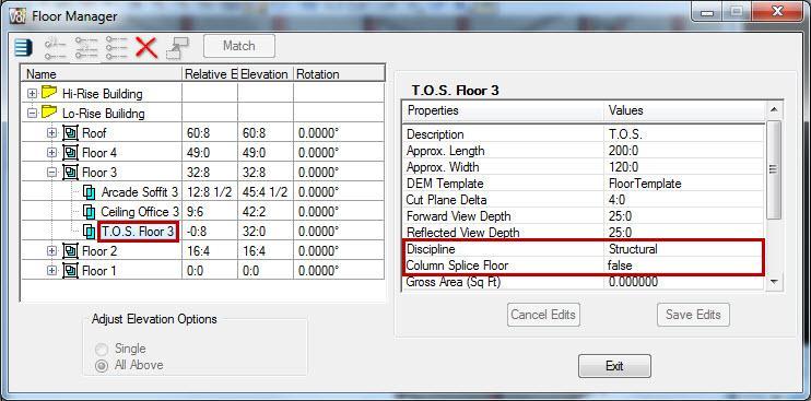Structural Floors and Structural Floor Reference planes must have their Discipline set to Structural and Column Splice Floor defined as True or False in order to export for analysis correctly.