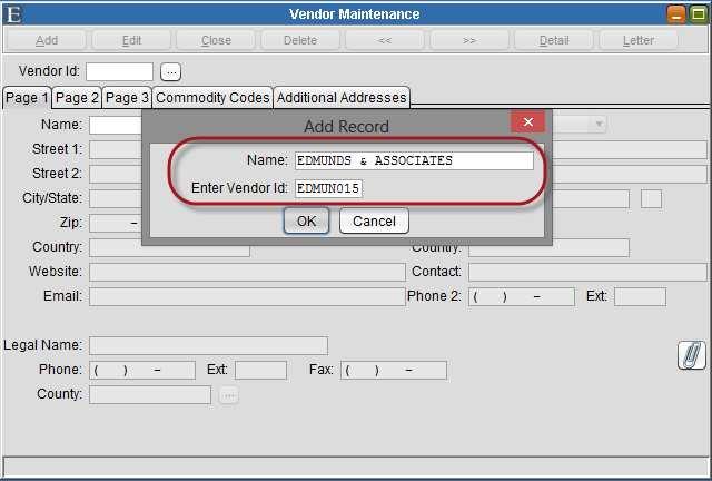 Auto Assign a Vendor ID MCSJ will offer to automatically assign a Vendor ID based on the name entered in the Add dialog box.