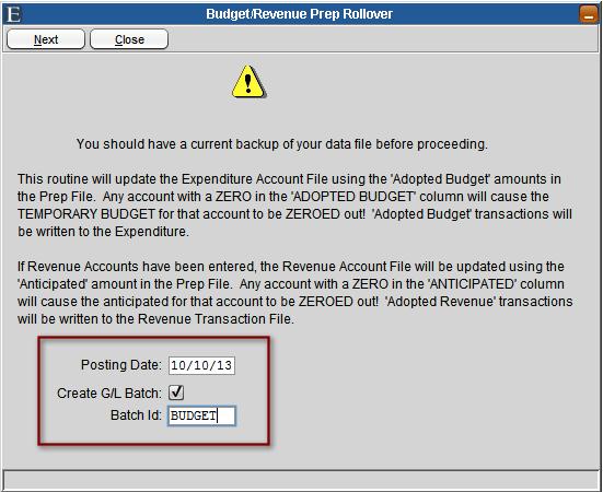 Budget/Revenue Prep Rollover Routine When using the Budget/Revenue Prep Rollover routine to carryover the final budget figures, you can now define the Posting Date, and have the system Create a GL