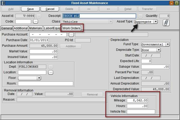 Vehicle Information New fields for tracking asset Hours and Mileage have been added to Fixed Asset Maintenance.