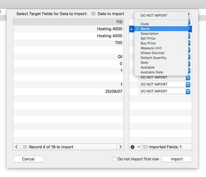 Pressing import will import the data inside the internal tabled Items records ready to be used.