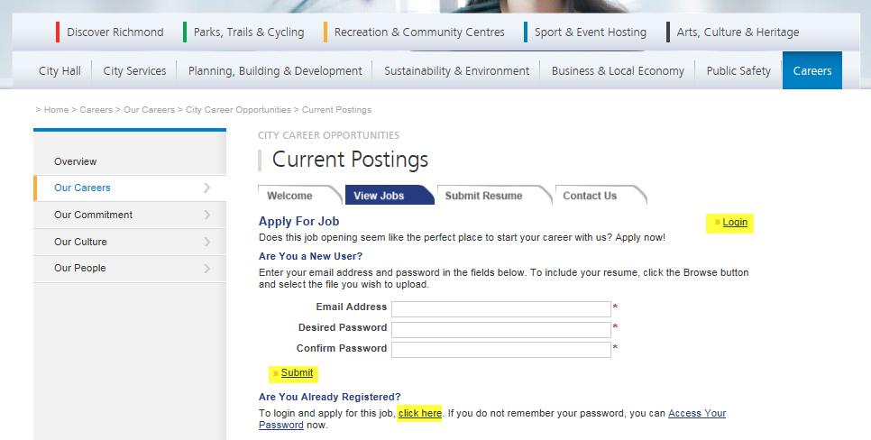 Step 5 If you have not previously created a profile or applied for a job through the City of Richmond s online system input your email address, create a