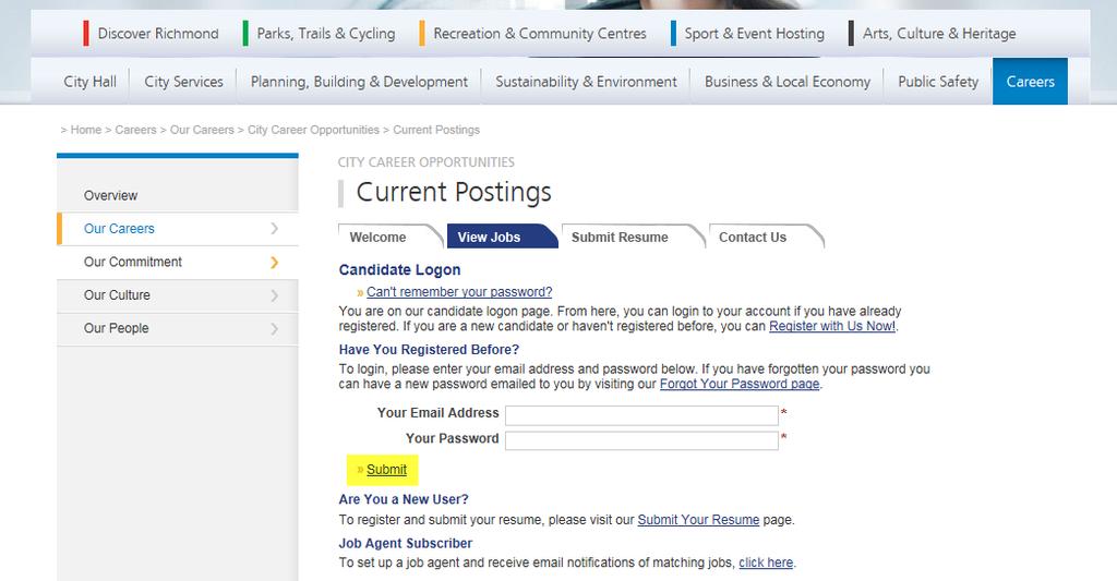 Screenshot #1 If you have previously created a profile or applied for a job through the City of Richmond s online system, click on click here located at