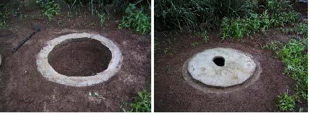 Dig down hole within the ring beam to at least 1 metre below surface. Place soil around ring beam and ram in place hard.