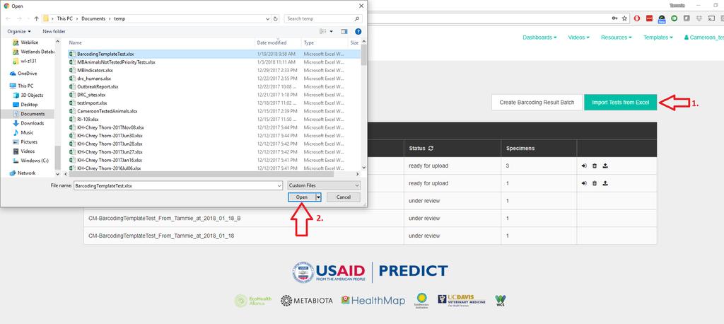 3. In the Barcoding Dashboard, press Import Tests from Excel (1), you will be