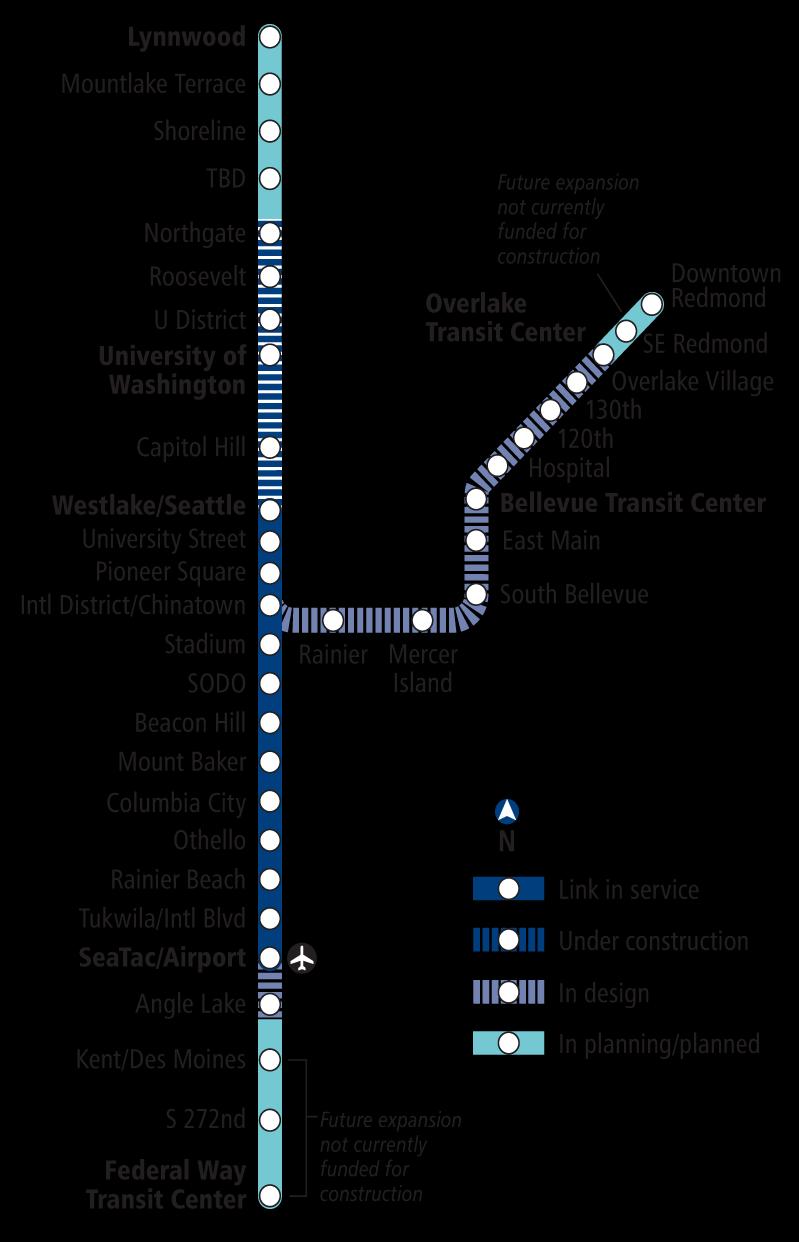 Link light rail system 16 miles of light rail with 13 stations currently in service University Link & South 200 th