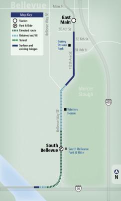 South Bellevue Segment overview Serves South Bellevue with an elevated, at-grade and trench alignment along Bellevue Way SE and 112 th Ave SE Approximately 4,500 daily boardings (2030) One station in