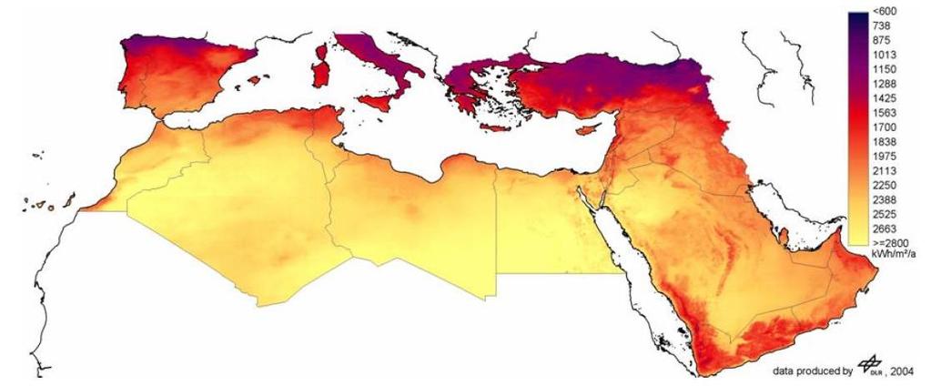 Solar irradiation in the EU-MENA region Source: DLR (2005: 59) Annual direct normal
