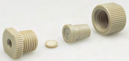This design is made entirely of PEEK for biocompatibility and chemical resistance. Titanium or polyethylene filter elements are used for complete biocompatibility.