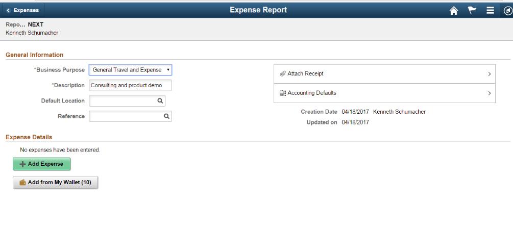 > Create Expense Report Quick entry options: