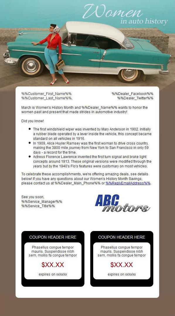 WOMEN IN AUTO HISTORY Hello, this is [Name], [Title] at [Dealership]. March is Women s History Month and we re celebrating the strides women have made in the automotive industry.