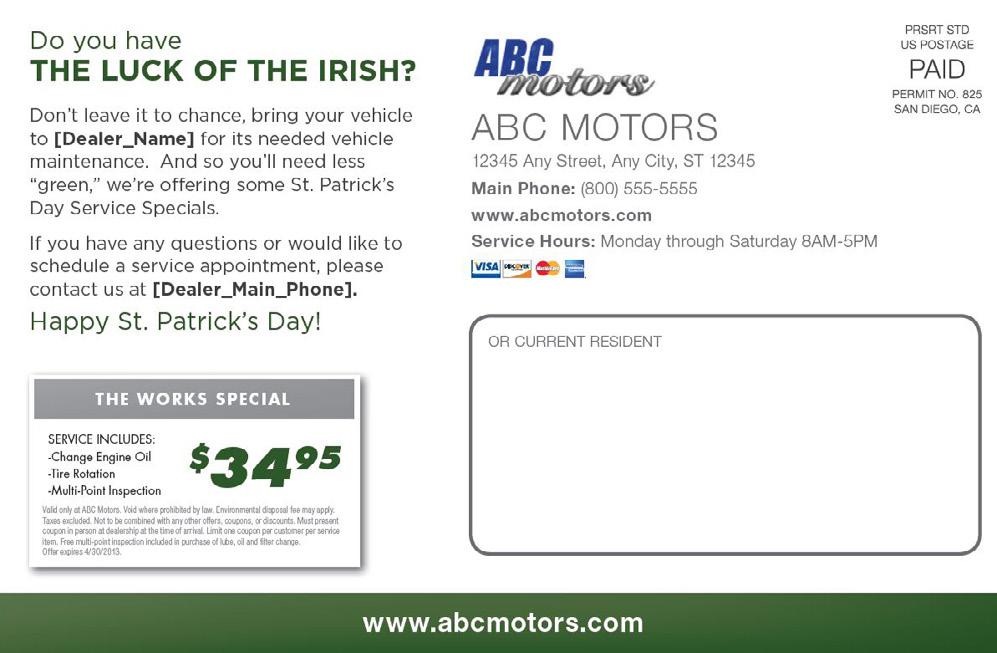 Subject Line: Celebrate St. Patrick s Day at %%Dealer_Name%% Direct Mail is an additional cost.