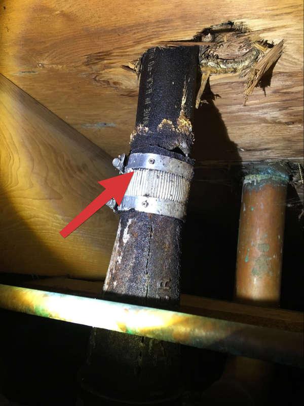 Crawlspace iron drain pipe collar coming off leaking. 6.3.