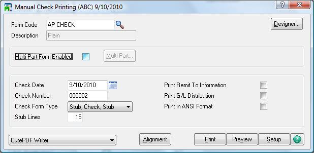 8. Quick Print AP Checks To Quick Print one check at a time, in Manual Check entry click on the printer icon. This will bring up this screen.