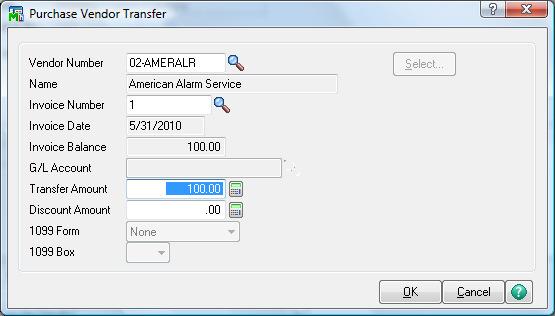 On the lines screen, you won t enter a GL account. You will select the Transfer button to bring up the Purchase Vendor Transfer screen.