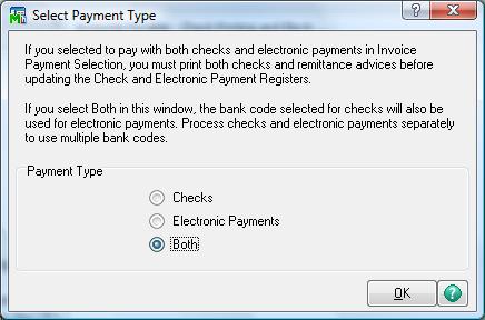 When you select the Check Printing and Electronic Payment menu option, you will select the payment type.
