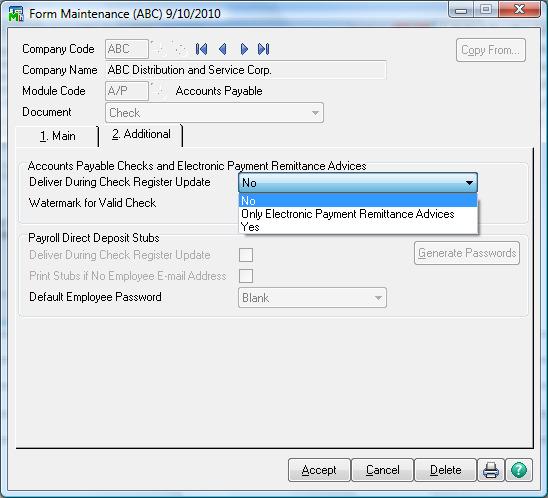 (Accounts Payable) Deliver During Check Register Update Select whether to deliver a PDF document during the Accounts Payable Check Register update.