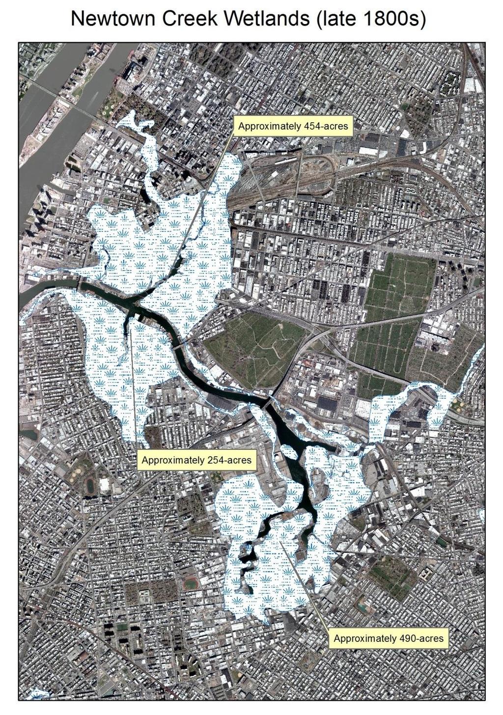 Newtown Creek Historic Wetland Coverage Historically, there were approximately 1,200-acres of tidal wetland along the