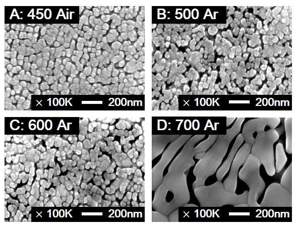 Figure S4 High resolution scanning electron microscopy (SEM) images showing surface morphologies of the films: (A) Copper iron oxide thin film as