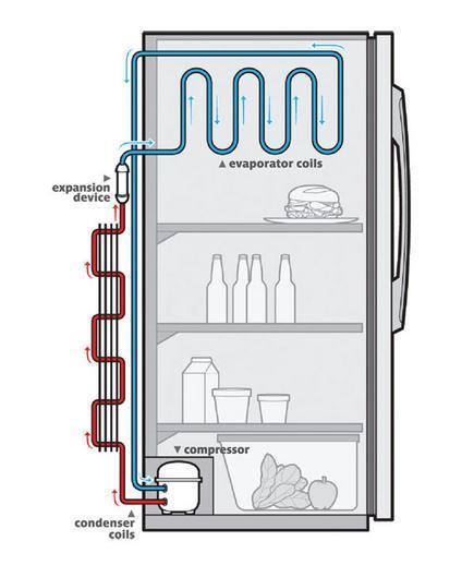How it works! The compressor constricts the refrigerant vapor, raising its pressure, and pushes it into the coils on the outside of the refrigerator. 2.