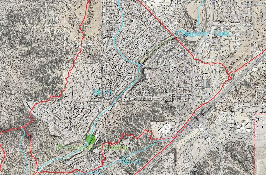 This image shows part of a watershed basin map for the Sandhill Arroyo in the City of Las Cruces.