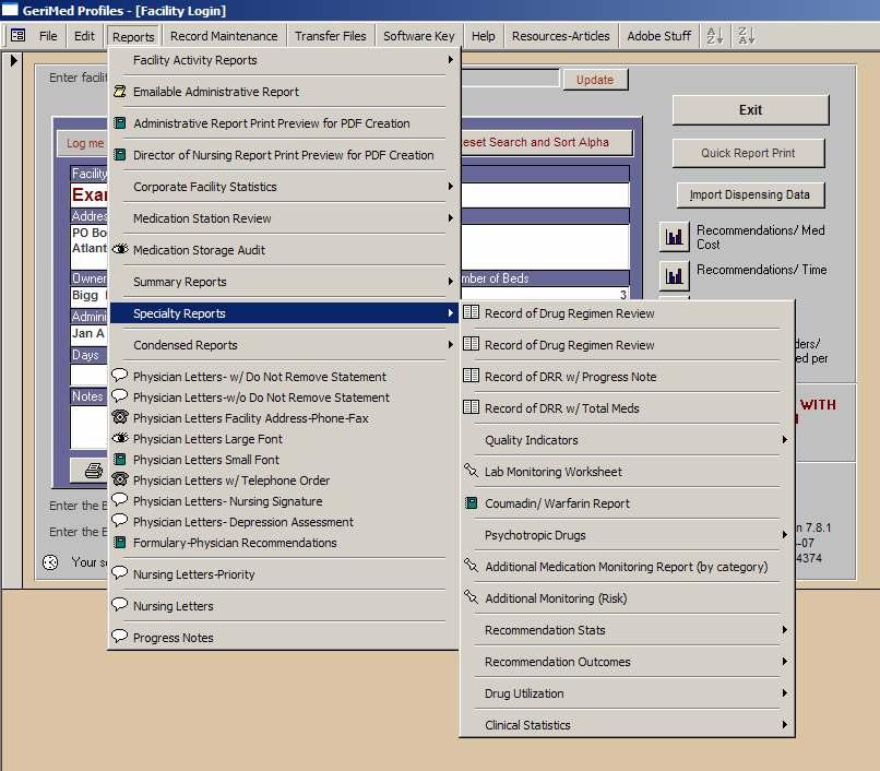 Facility Log-on and Reporting Screen The Facility Log-on and Reporting Screen provides a central location for all reporting, import/ export functions and facility-based