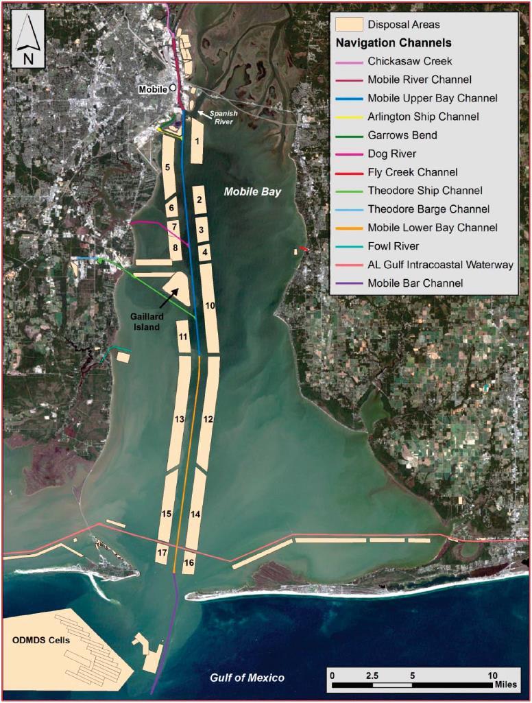Mobile Bay Channel Open Water Thin-Layer Disposal Summer of 2012 Exercised emergency action in permit Placed 9 MCY in pre-established historic open water disposal areas Disposal Areas 1-3,