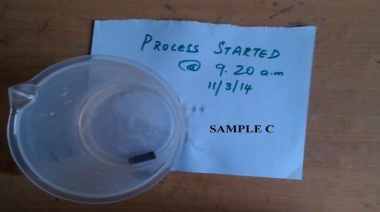 Then NaOH solution of ph 8 was prepared. The welded portion of each sample was cut into five pieces of 10 mm width (Figure.3). These were separately immersed in 100 ml of the NaOH solution prepared.