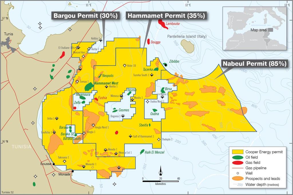 Tunisia Exploration The Bargou Permit (Cooper Energy 30% and Operator) is located offshore Tunisia.
