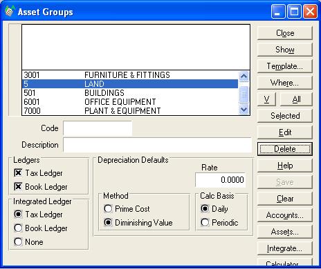 2. Delete any unused asset groups by highlighting the asset group in the ledger list and select the Delete button.