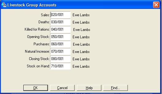 Livestock group accounts The Livestock Accounts window is used to specify the livestock accounts which make up the group.