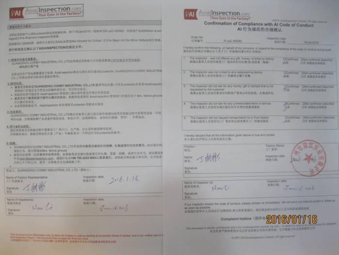 Factory Disclaimer Original signature from Factory Manager accepting AsiaInspection conditions on Shipment authorization and bribery issues IMPORTANT NOTES THE ABOVE RESULT(S) REFLECT(S)