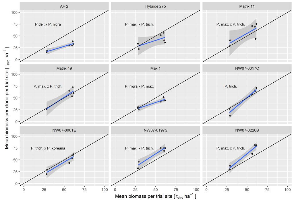 Fig. 7: Analysis of yield stability and possible Genotype-Environment interaction for selected clones in series 603 based on total biomass production after two rotation cycles.