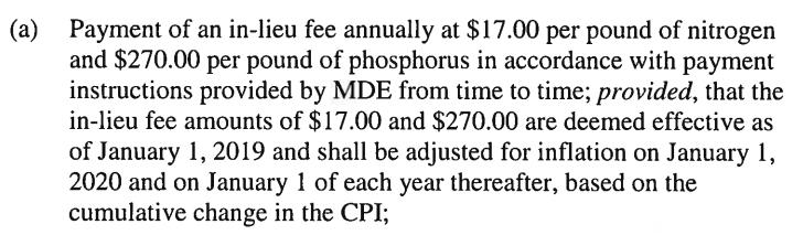 Value of Nutrient Removal Based on MDE in-lieu annual fees for failing to achieve required nutrient reductions N = $17 per pound P