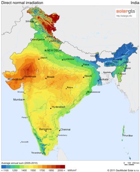 Local Solar Radiation Conditions In India India has direct solar radiation resources ranging from 1100 to 2200 kwh/m²/a.