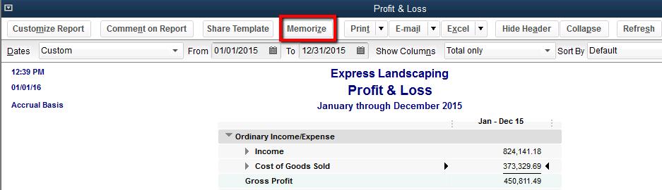 Click the Header/Footer tab to select information you would like to populate on the Profit & Loss Statement. Change the report title and add a footer line.