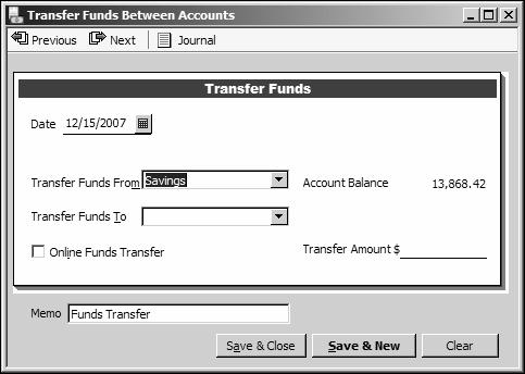 L E S S O N 4 Transferring money between accounts You can easily transfer money to different accounts using the QuickBooks Transfer Funds Between Accounts window.