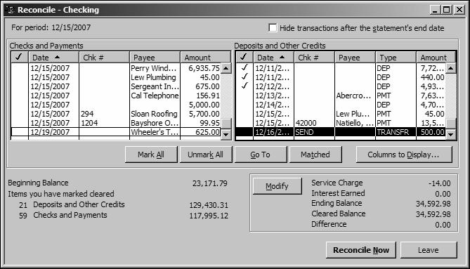 Working with bank accounts 10 Repeat the process in the Deposits and Other Credits section click to clear the checkmarks for all items with dates later than 12/12/2007.