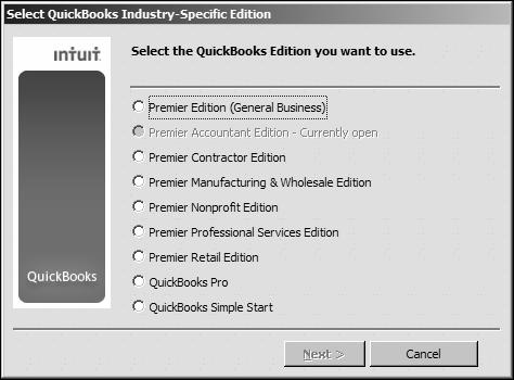 To switch to a different edition: 1 From the File menu, choose Toggle to Another Edition. 2 When prompted, choose the edition of QuickBooks you want to use. Then click Next.