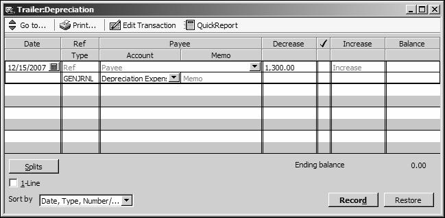 L E S S O N 5 Entering depreciation transactions When it's time to enter depreciation for an asset, you can use the register for the asset's accumulated depreciation account.