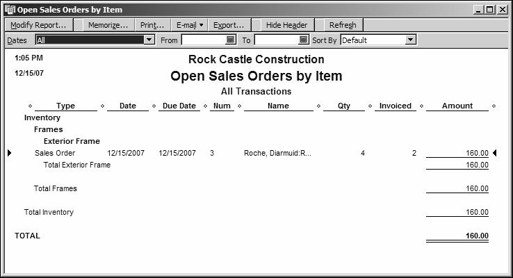 L E S S O N 6 11 Make sure 2 appears in the To Invoice column and click OK to invoice for the two exterior frames you have in inventory. QuickBooks displays the invoice.