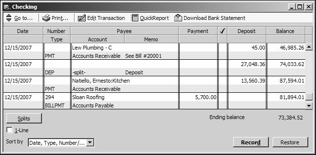Receiving payments and making deposits 4 In the chart of accounts, double-click the checking account.