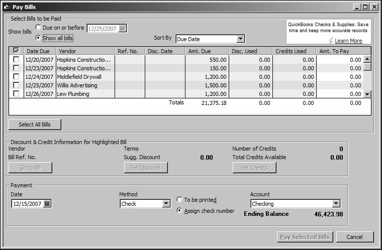 L E S S O N 8 QuickStart Tip You can enter bills and vendor credits directly in your accounts payable (A/P) register instead of using the Enter Bills window to create the transactions.