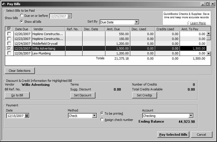 Entering and paying bills The Pay Bills window shows your unpaid bills as of any date you enter.