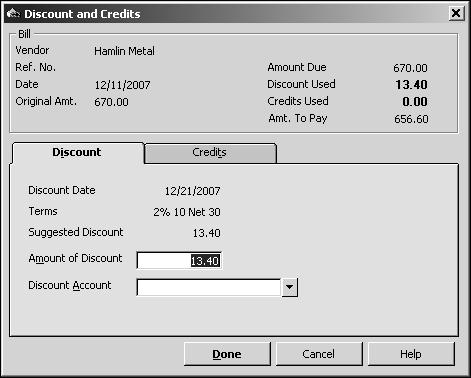 QuickBooks displays the discount and credit information for Hamlin Metal. 5 Click Set Discount.