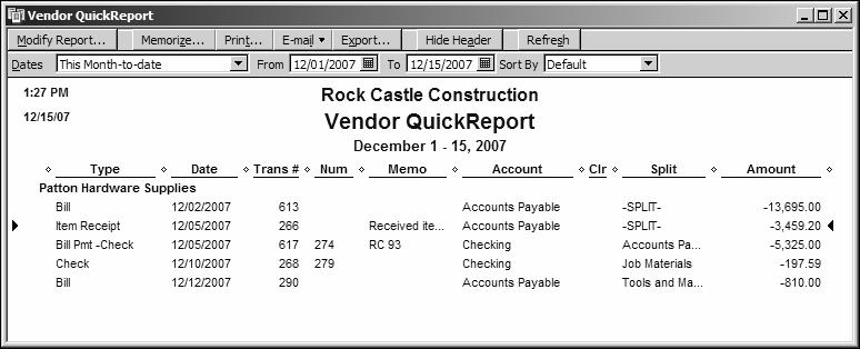Analyzing financial data 3 Click OK to accept the change. QuickBooks displays the customized vendor QuickReport.