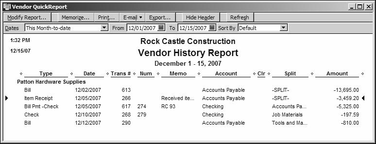 The Header/Footer tab is the same for all QuickBooks reports. Use this window to change the report title from Vendor QuickReport to Vendor History Report.